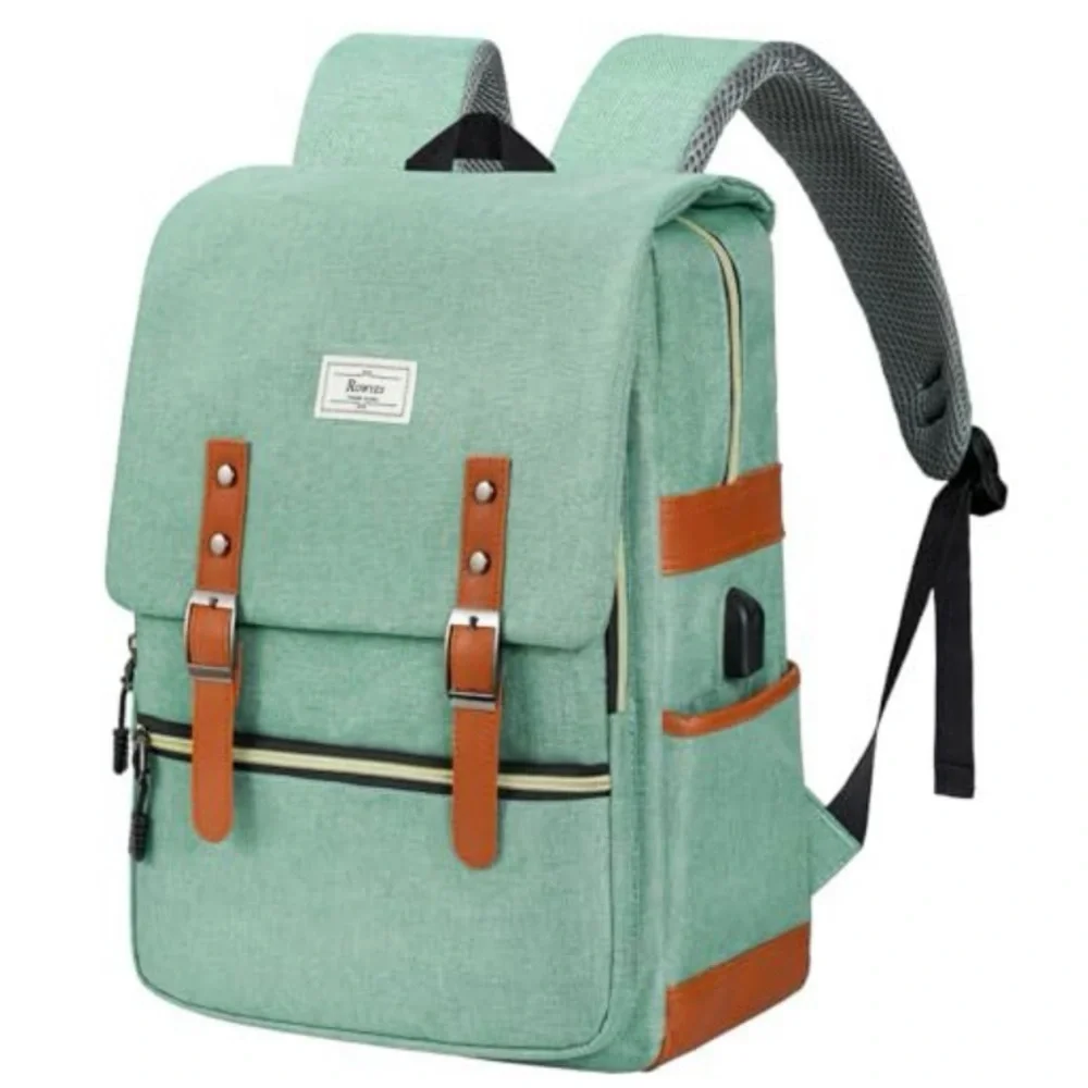 NEW Ronyes Vintage Laptop Backpack w/ USB Charging Port – Mint Green - Picture 1 of 8